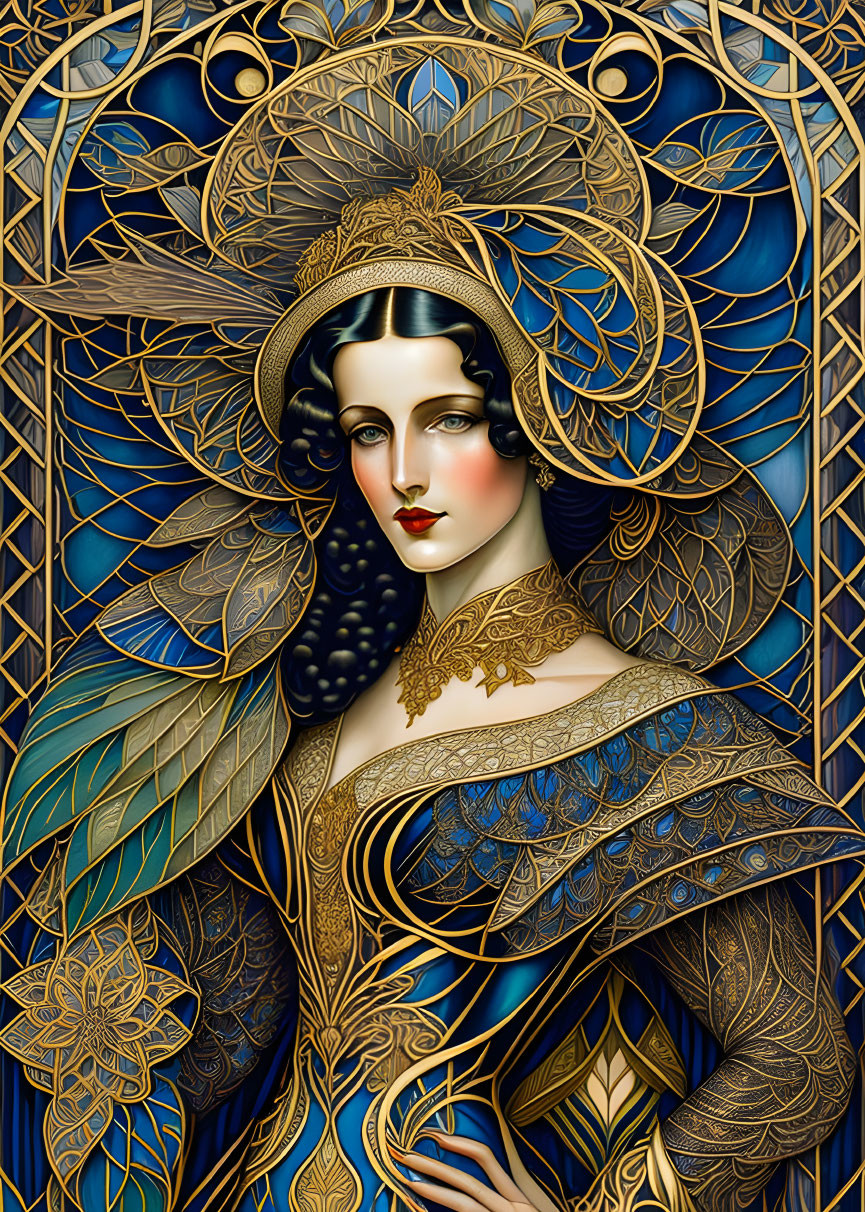 Art Nouveau Style Illustration of Woman with Golden Headdress and Tattoos against Blue Stained-G