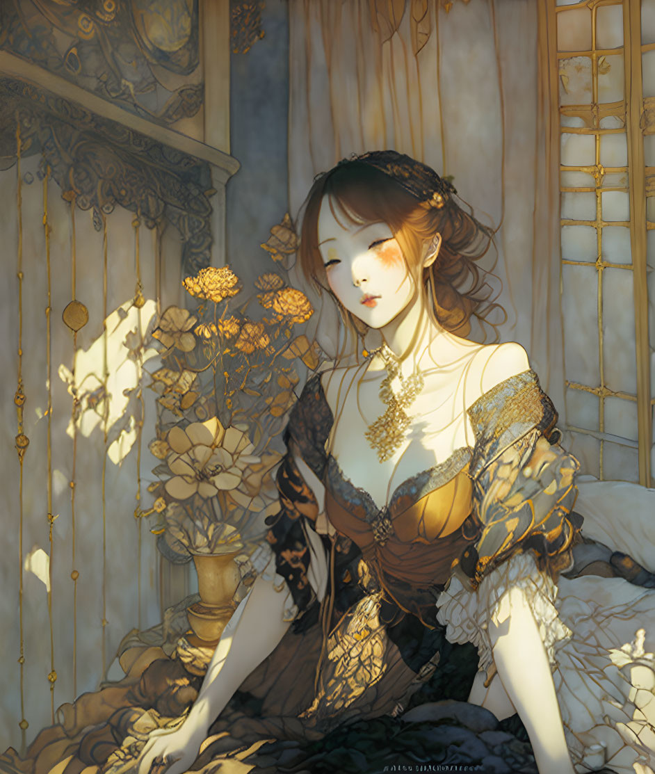 Illustrated woman in elegant attire by window with sunlight and flowers.