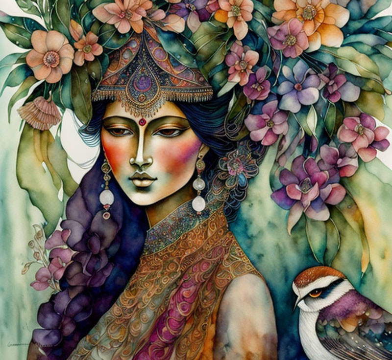 Colorful Watercolor Illustration of Woman with Ornate Headwear and Bird in Floral Wreath