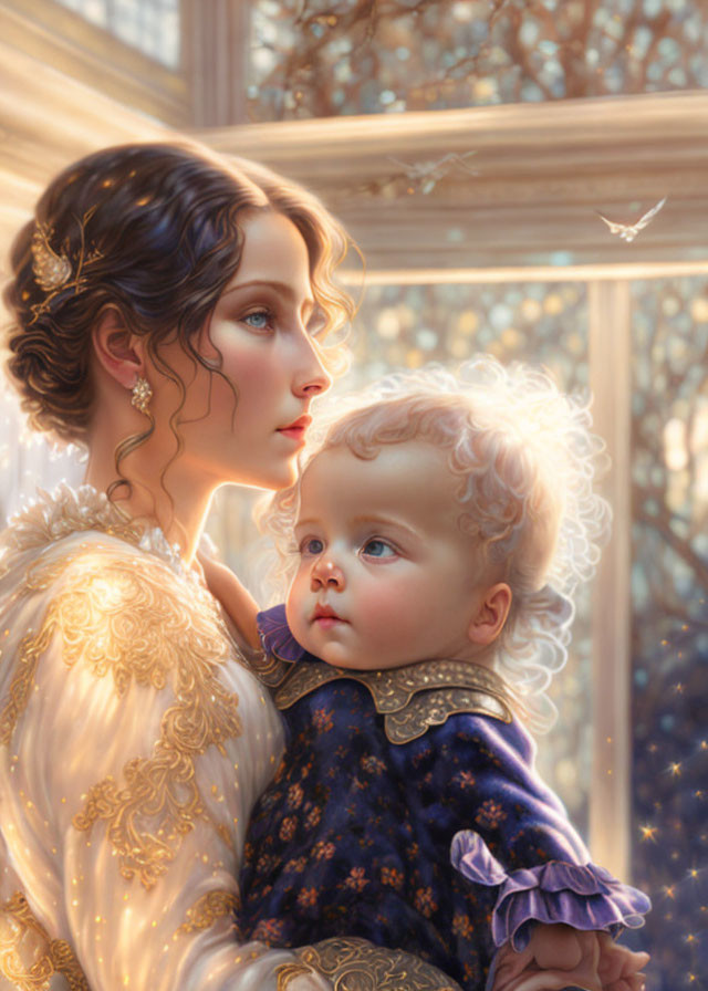 Luxurious gold-trimmed dress woman with toddler in ornate room