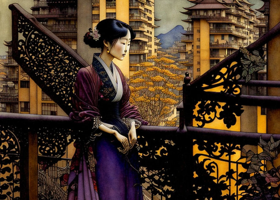 Traditional Japanese Attire Woman on Balcony Overlooking Autumn Landscape