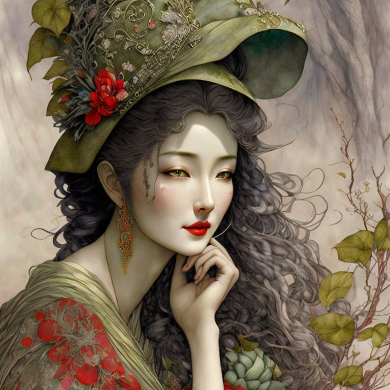 Portrait of woman with pale skin, red lips, green hat with red flowers, gazing sideways