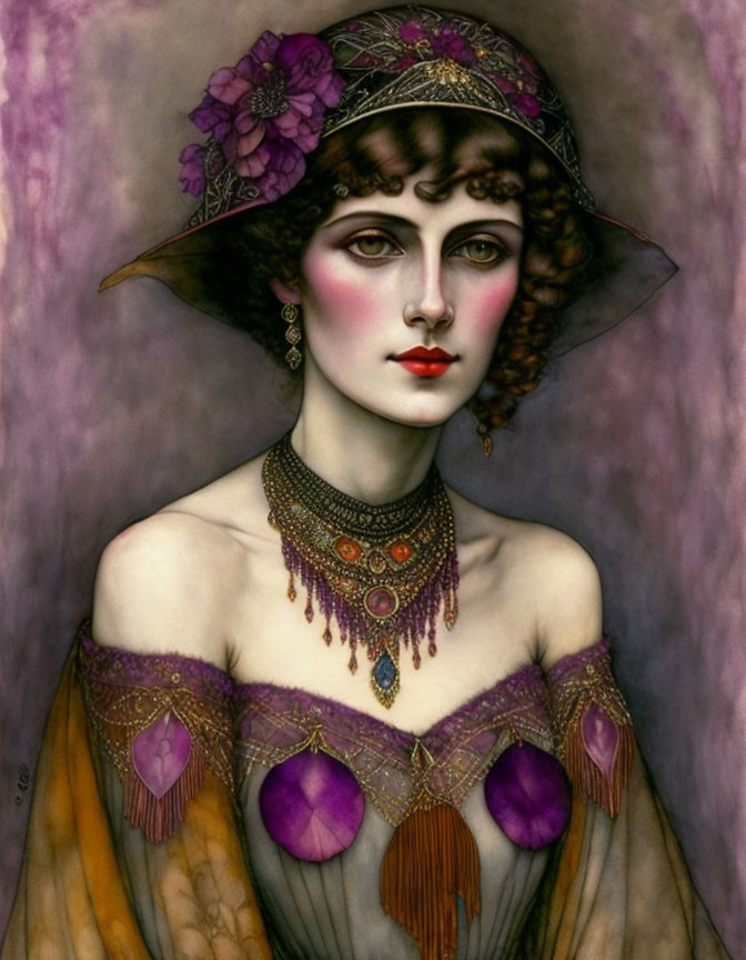 Vintage Style Woman Illustration with Elaborate Hat and Jewelry