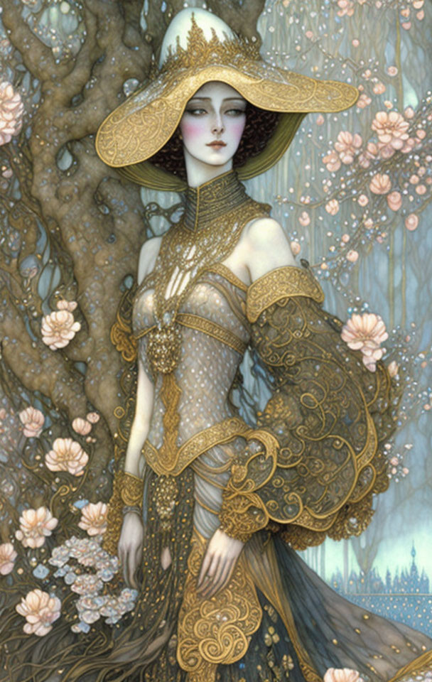 Ethereal woman in gold-embroidered dress near ancient tree with pink blossoms