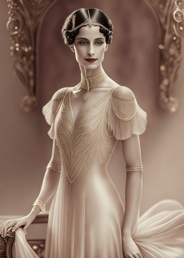 Vintage-style Attire with Beadwork and Headpiece in Sepia Backdrop