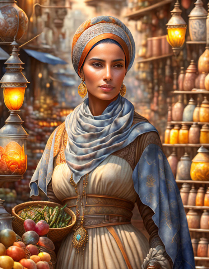 Historically dressed woman in vibrant market with lanterns and spices holding a basket of fruits