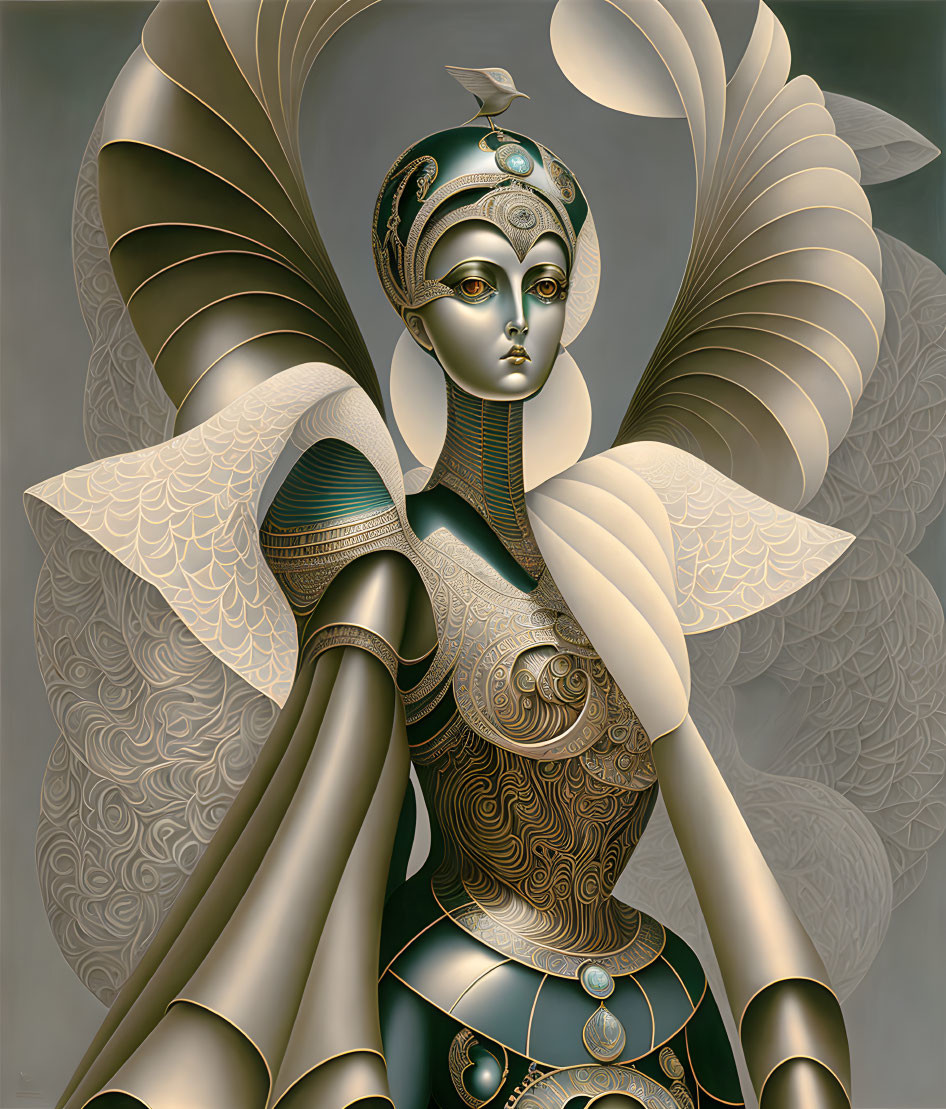 Detailed digital artwork of humanoid figure in metallic armor with wings and ornate headdress