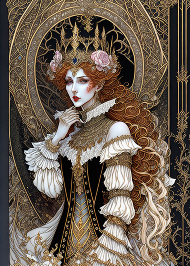 Detailed Art Nouveau portrait of regal woman with wavy hair and golden crown