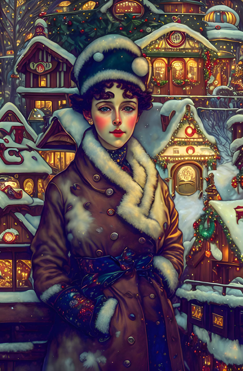 Vintage Winter Attire Woman in Front of Festive Snow-Covered House