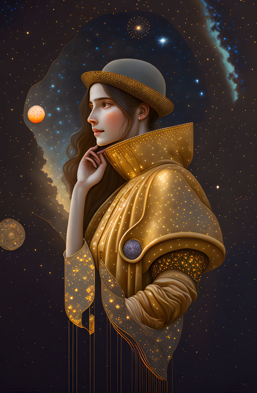 Woman in golden hat and cloak with stars, cosmic background