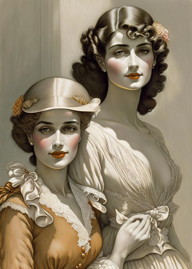 Two elegant ladies with vintage hairstyles and fashion in illustration.