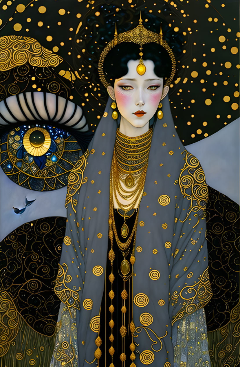 Illustrated woman with black hair and gold jewelry veiled against dark backdrop.