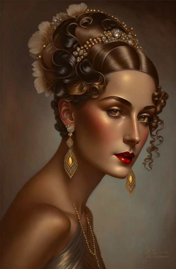 Vintage-inspired portrait of woman with white flower hairdo and pearl accessories