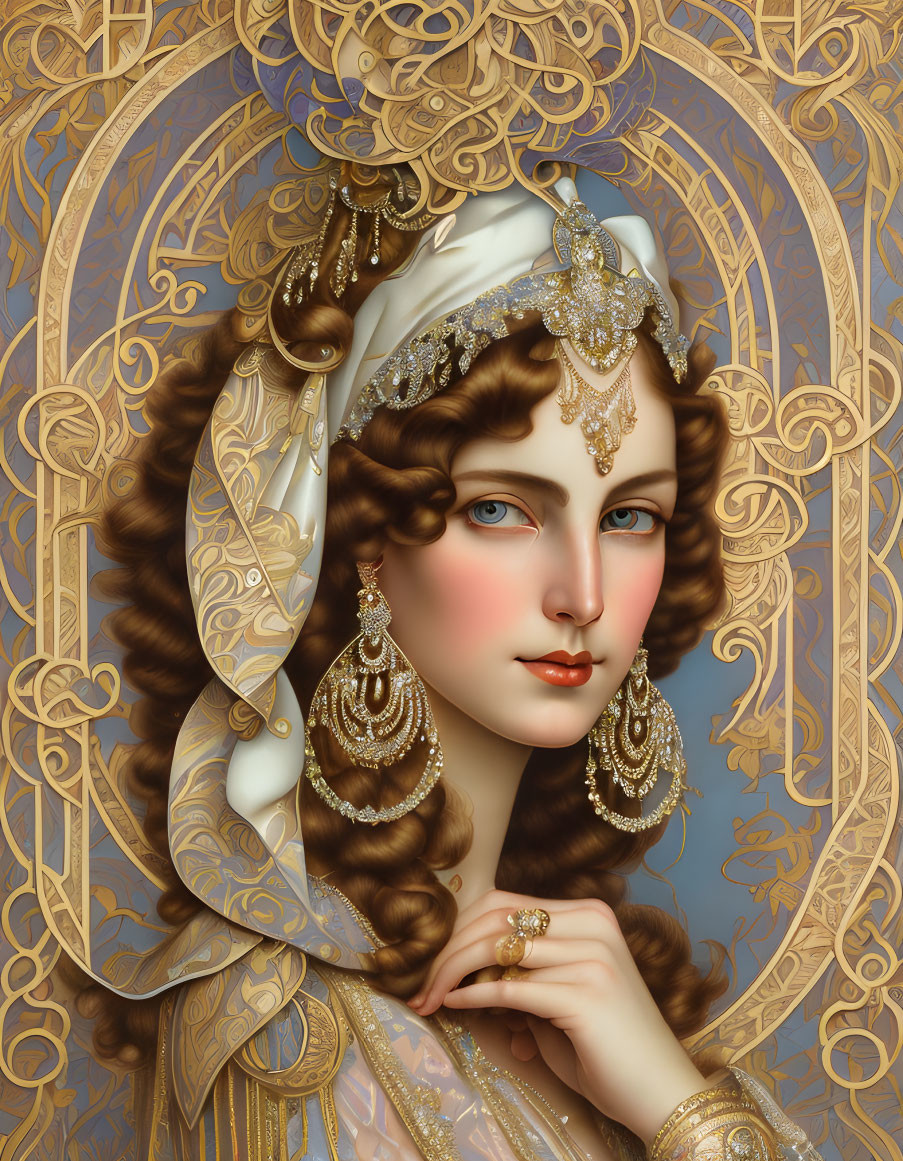 Curly Brown-Haired Lady with Gold Jewelry on Golden Background