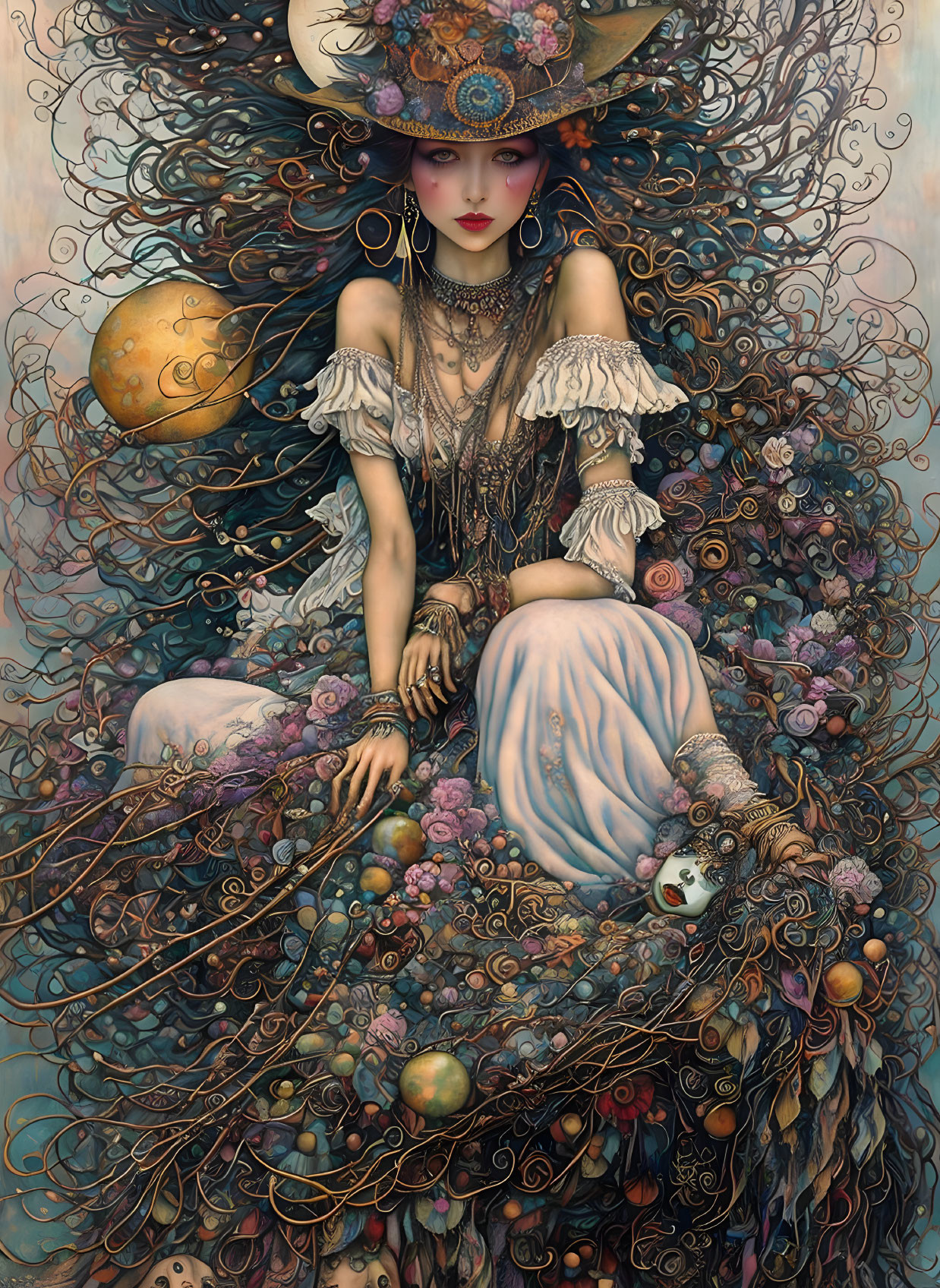 Intricate floral and celestial-themed portrait of a whimsical woman