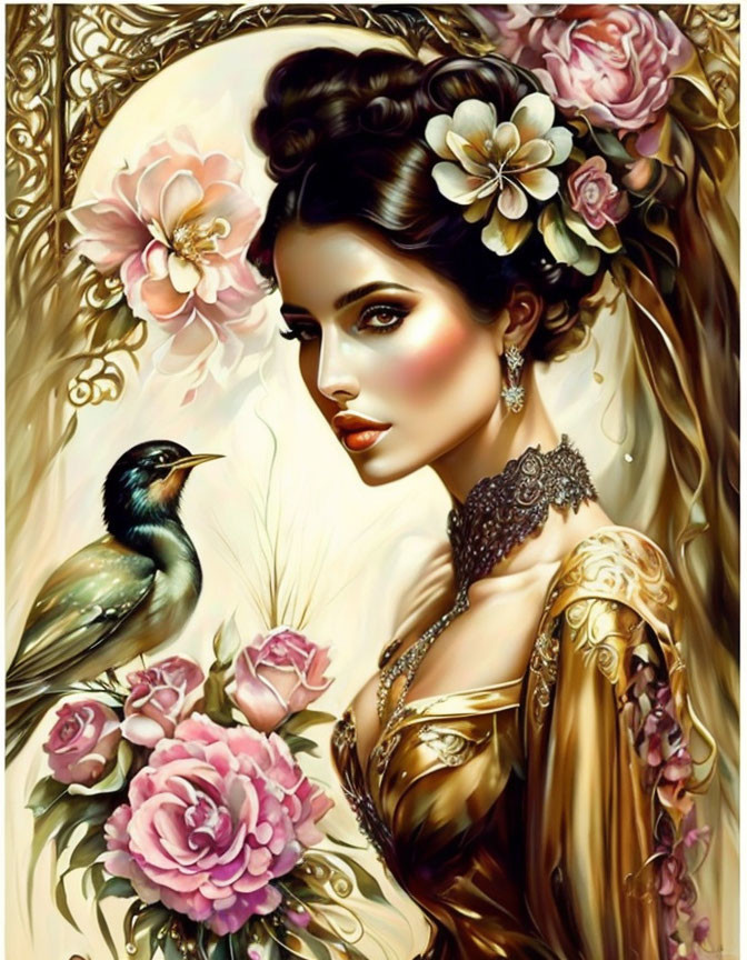 Dark-haired woman in golden dress with flowers and bird in illustrated image