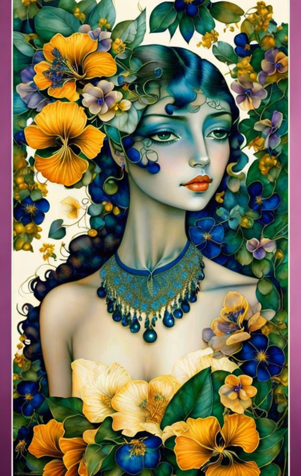 Colorful artwork: Woman with blue skin and floral surroundings