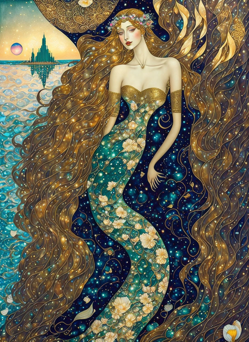 Mermaid illustration with flowing hair and floral adornments on starry ocean backdrop