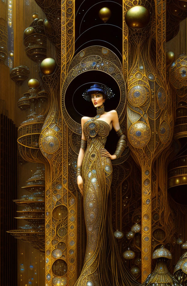 Detailed Art Nouveau-inspired woman in ornate golden dress.