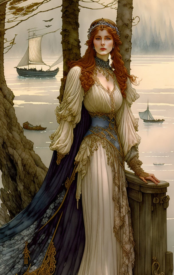 Medieval-themed portrait of a woman in elegant gown by water with ships and misty forest.