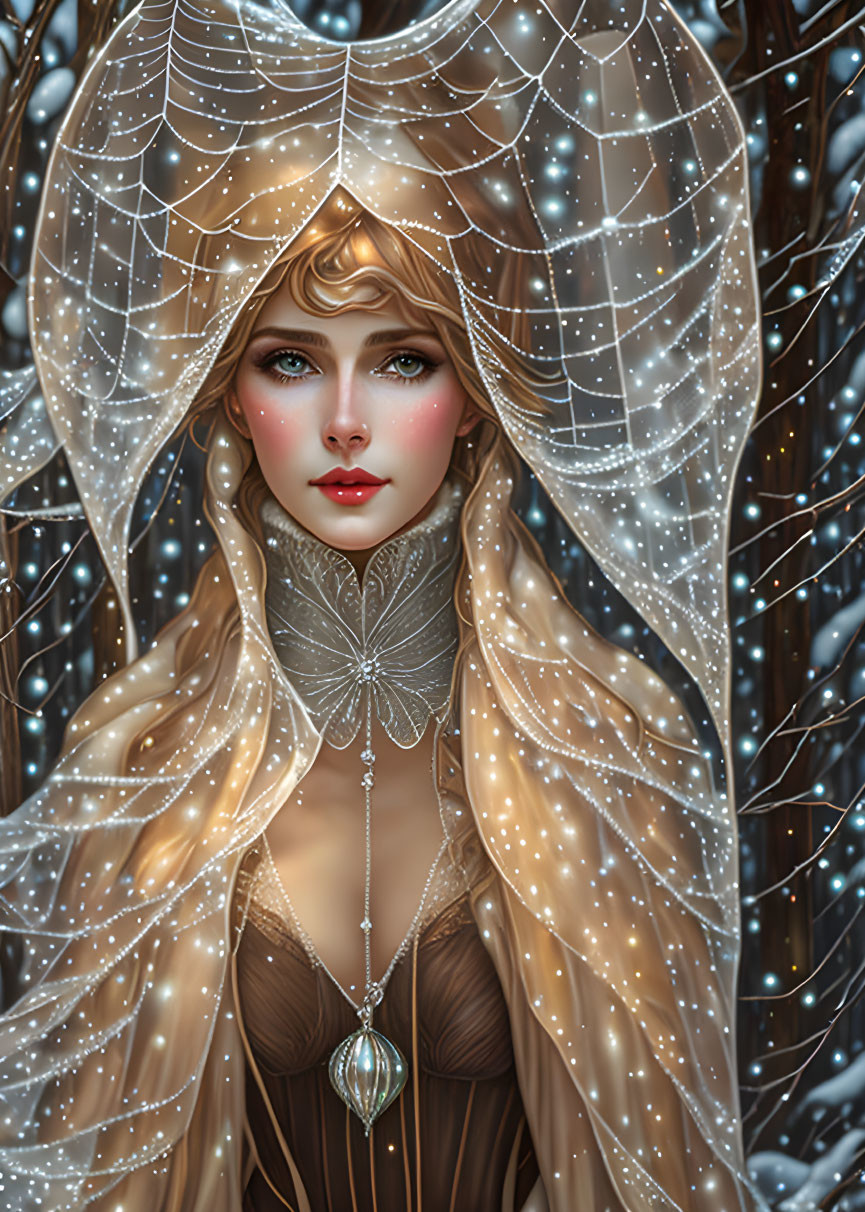 Illustration of mystic woman with golden hair and blue eyes in web-like veil against dark trees