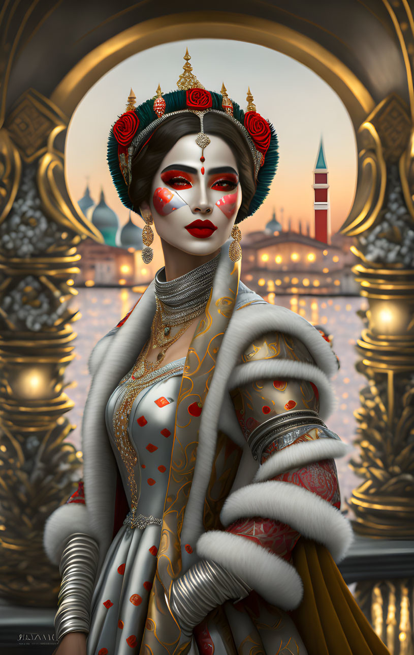 Illustrated woman with red eyes and ornate headdress in front of golden arch and cityscape.