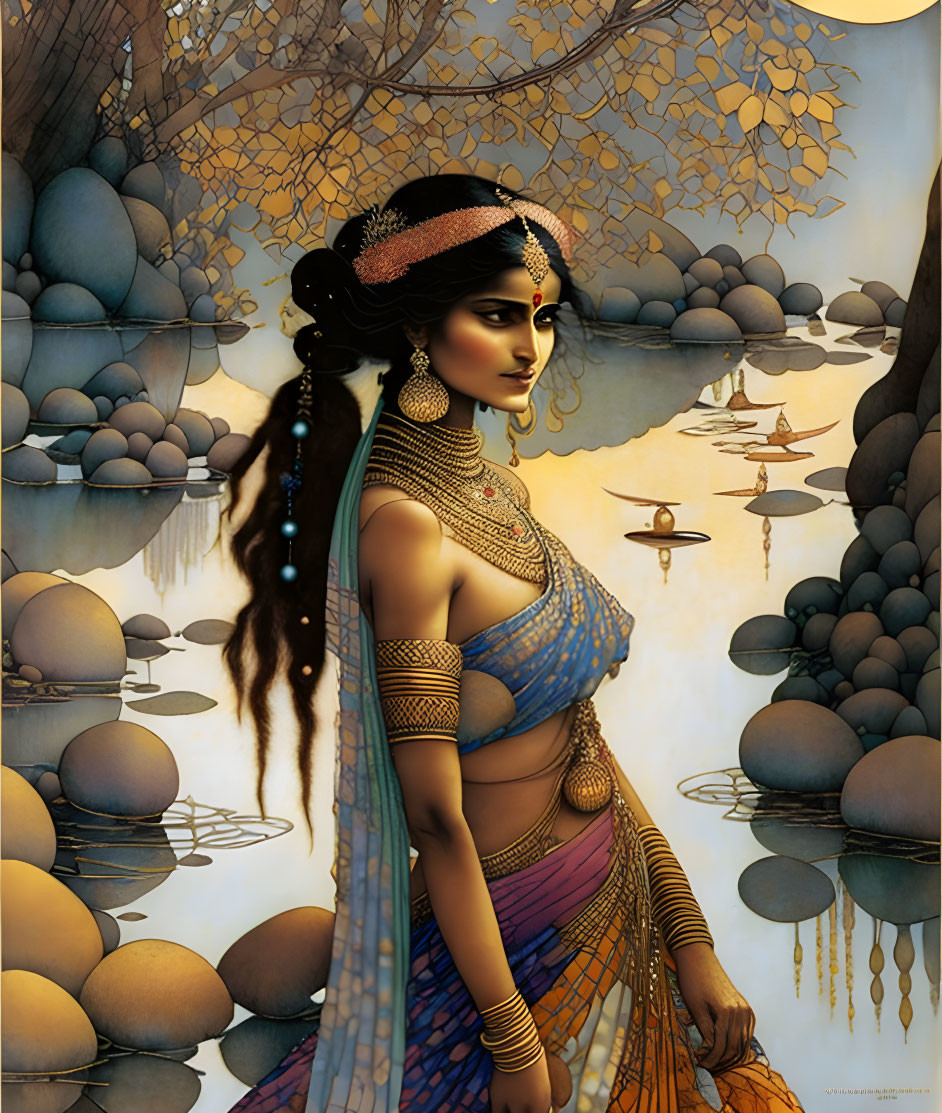 Illustrated woman in traditional Indian attire by serene water with lotus flowers in mystical autumn landscape