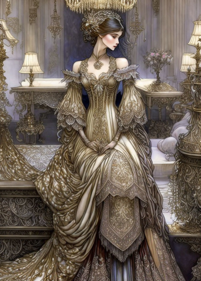 Woman in ornate gold dress in luxurious room