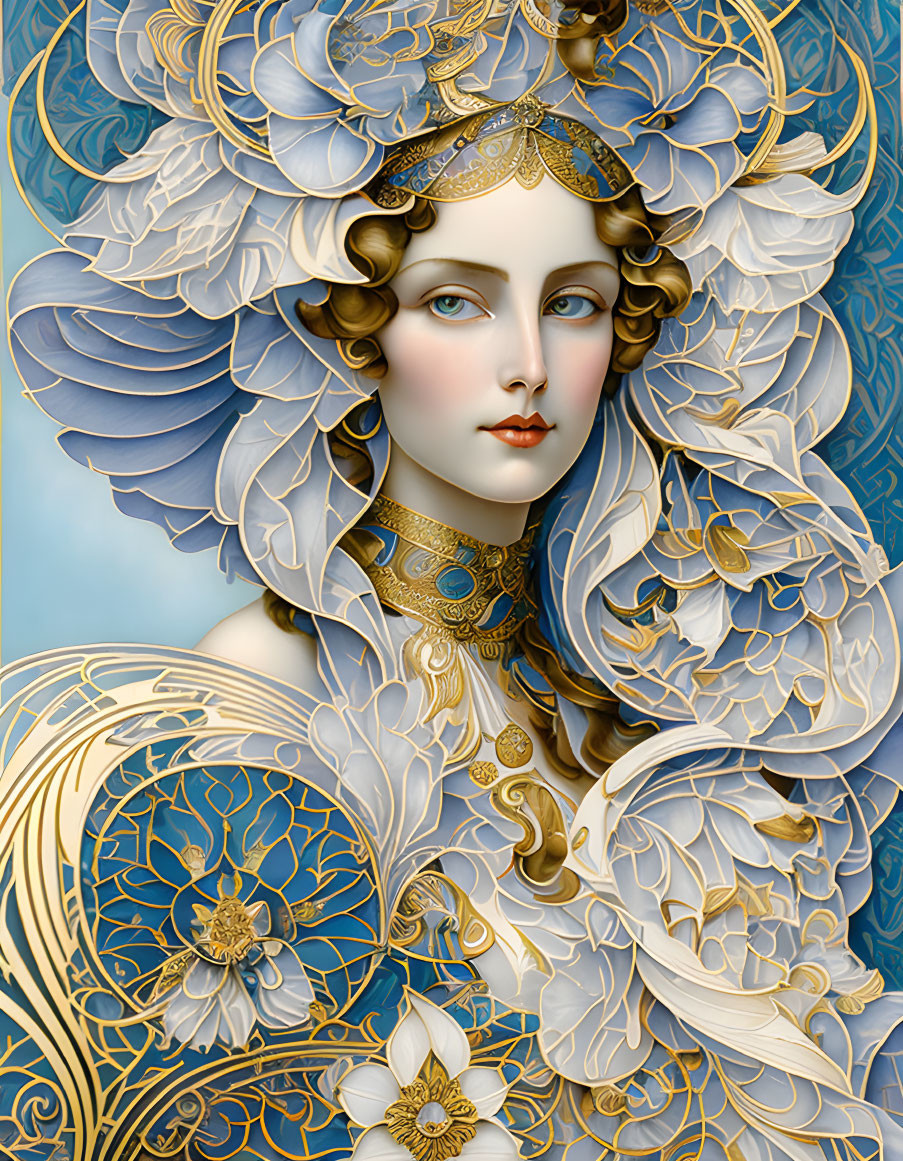 Elaborate gold and white floral portrait on blue background