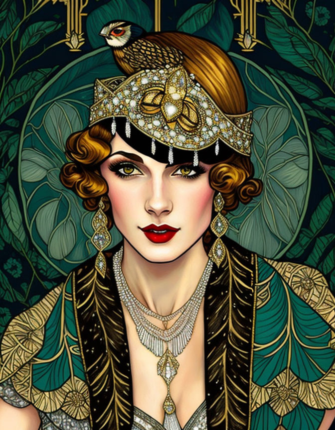 Illustrated woman in 1920s-style attire with bird on head against leafy backdrop