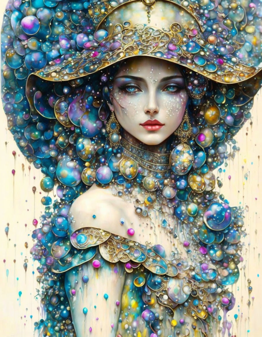 Elaborate Hat and Jewelry with Pearls and Gold Details on Woman Against Colorful Background