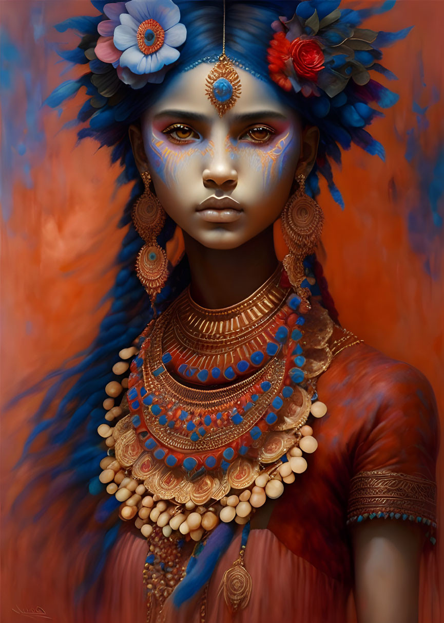 Woman with Blue Facial Paint and Floral Adornments in Digital Painting