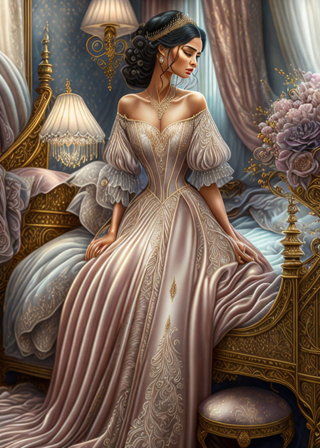 Illustrated woman in elegant dress in luxurious room