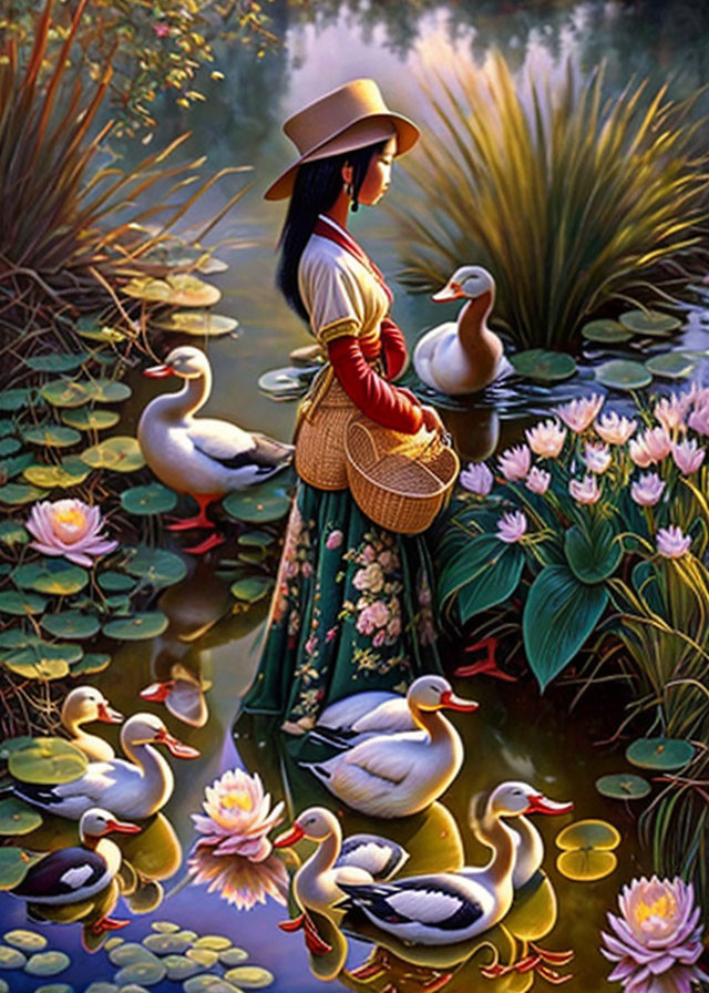 Traditional attire woman by pond with ducks and water lilies in serene setting