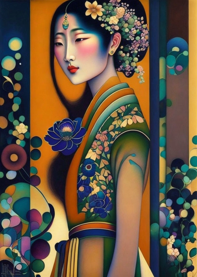 Colorful stylized painting of an Asian woman in traditional attire with floral motifs on abstract background