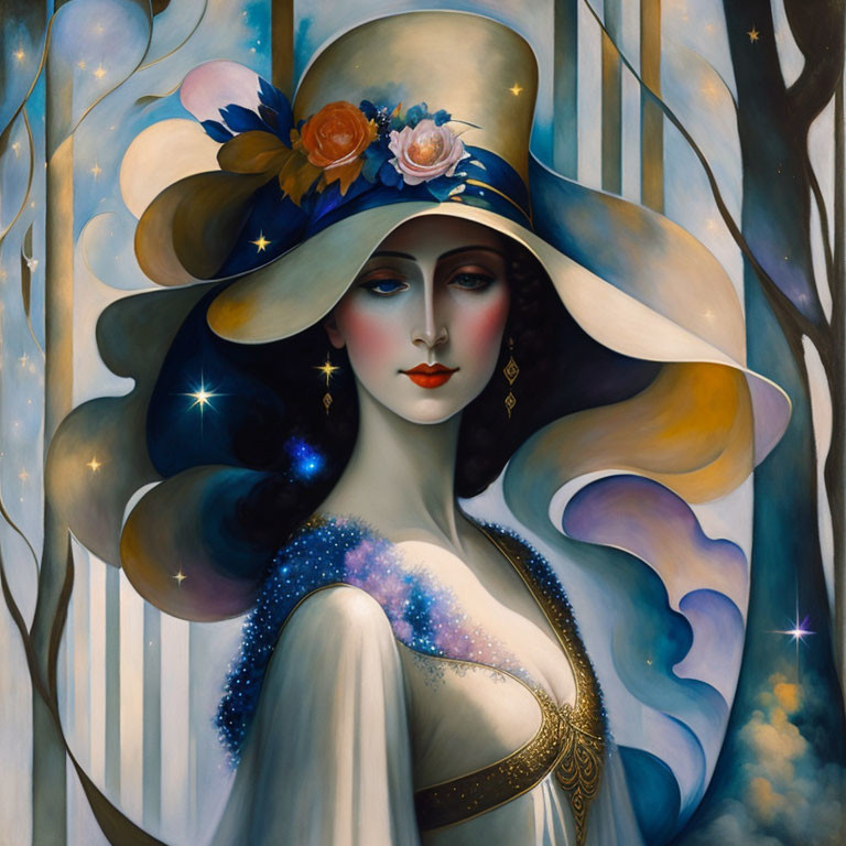 Illustration of elegant woman with wide-brimmed hat and starry night sky motif.