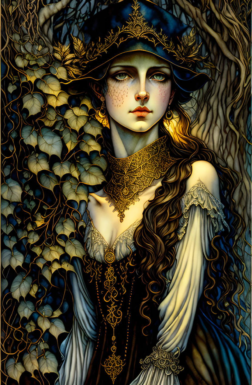 Fantasy illustration: Pale-skinned woman in wide-brimmed hat, adorned with gold jewelry,