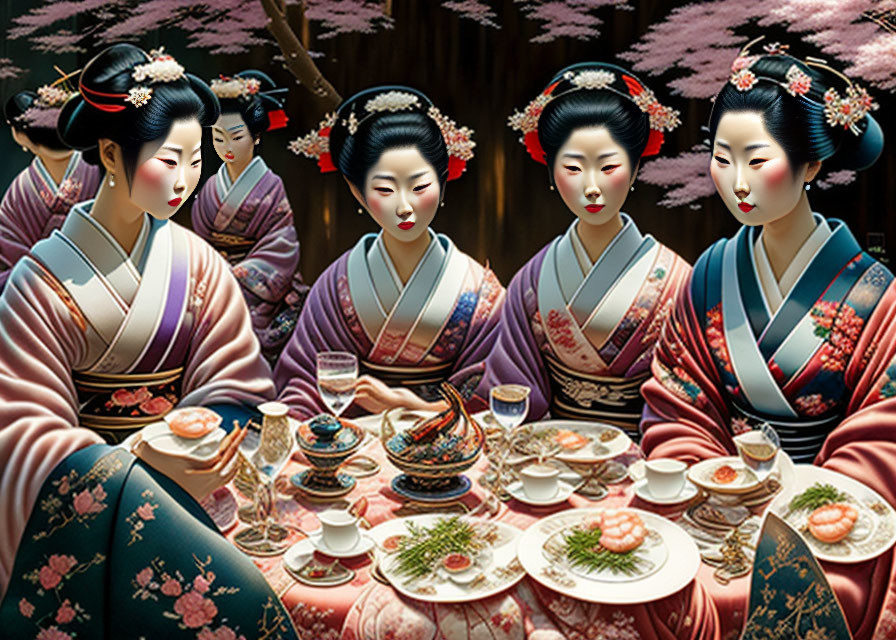 Traditional Japanese women in kimonos at tea table with cherry blossoms