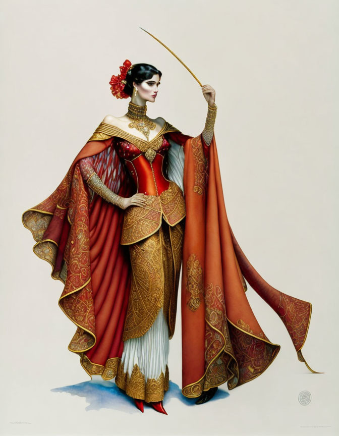 Illustrated woman in red and gold costume with scepter and cape