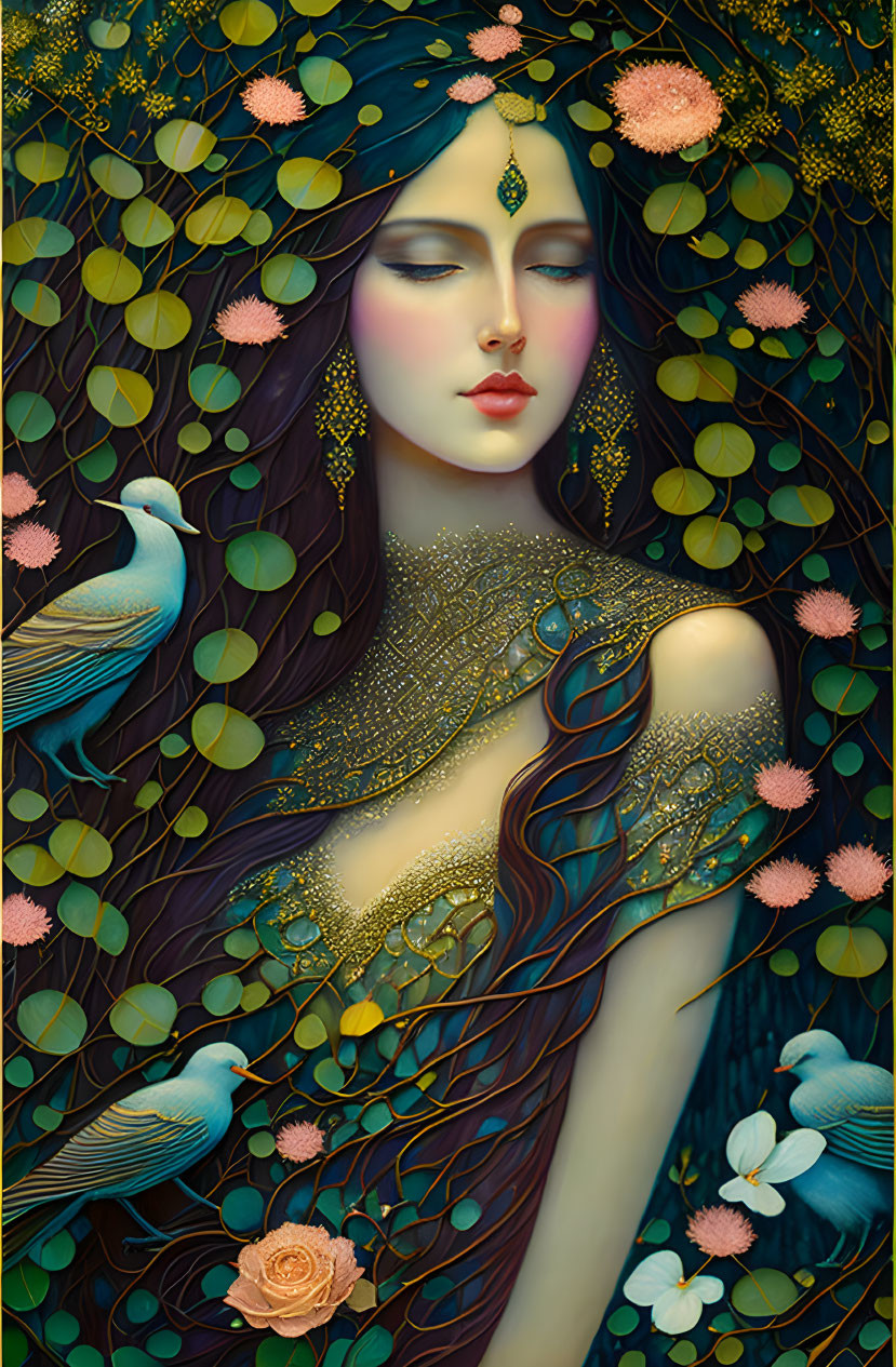 Illustrated woman with long hair and gold jewelry in mystical nature scene