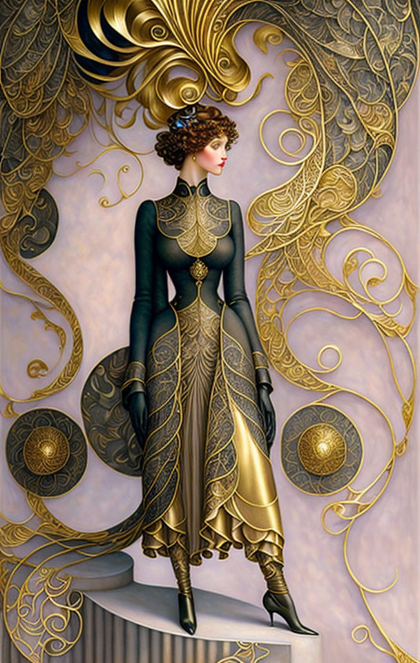 Elegant woman in dark green and gold dress with ornate swirl patterns