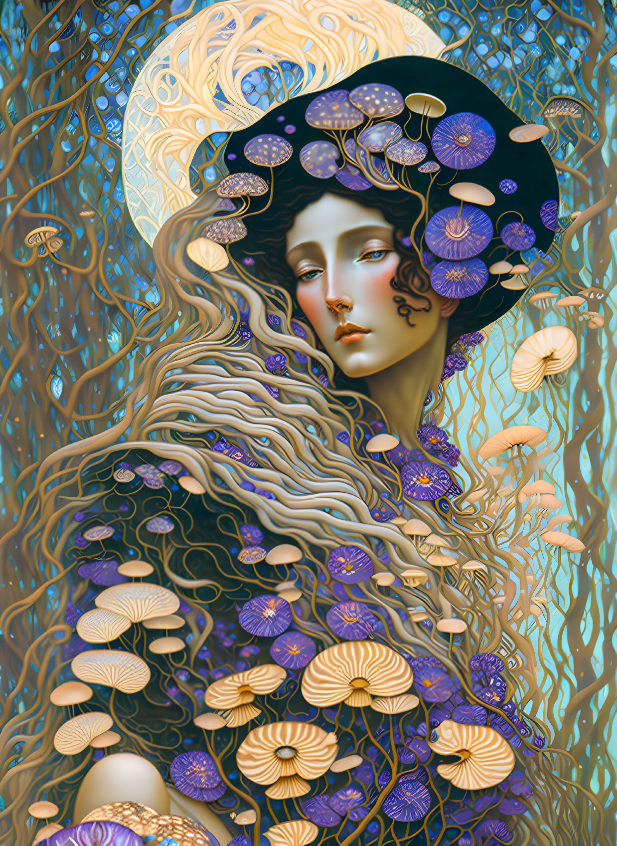 Detailed Art Nouveau portrait with mushrooms and tendrils