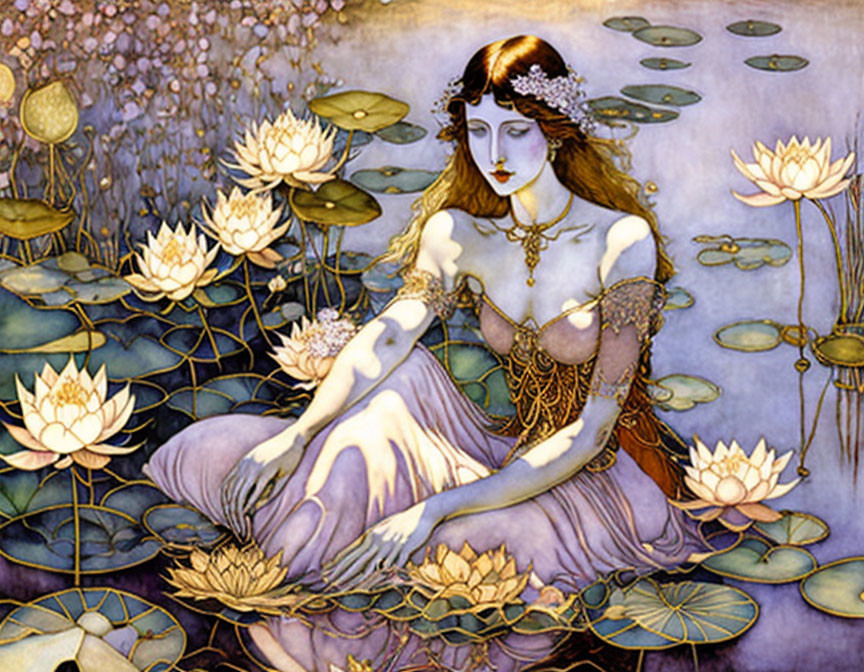 Art Nouveau-style illustration of woman with water lilies in soft pastel colors