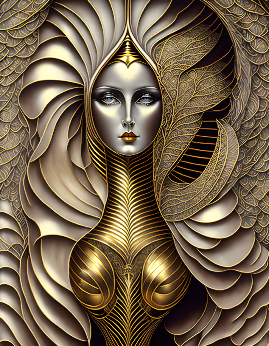 Stylized woman artwork with golden and beige hues and intricate feather-like patterns