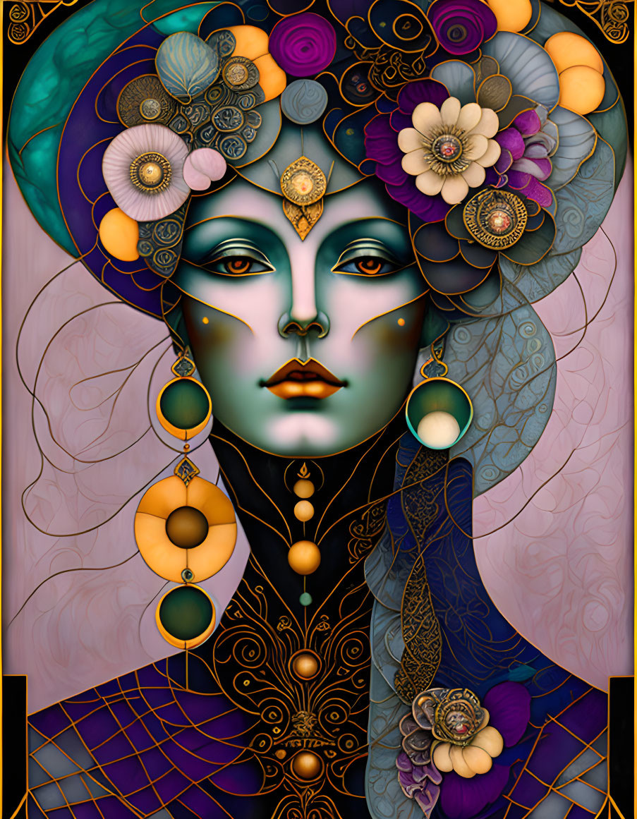 Female figure with ornate flower headdress in jewel tones & gold detailing