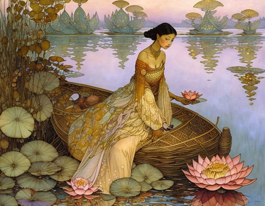 Traditional golden dress woman by lotus pond holding flower