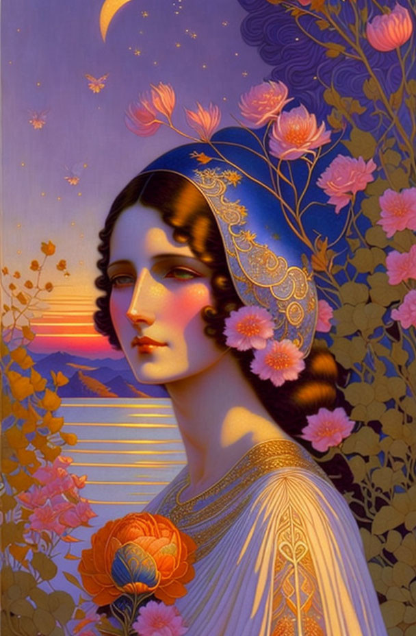 Art Nouveau Woman Illustration with Blue Headscarf and Pink Flowers