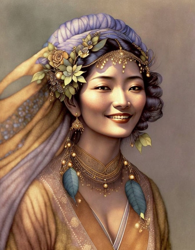 Smiling woman with gold jewelry and purple headscarf in fantasy painting style