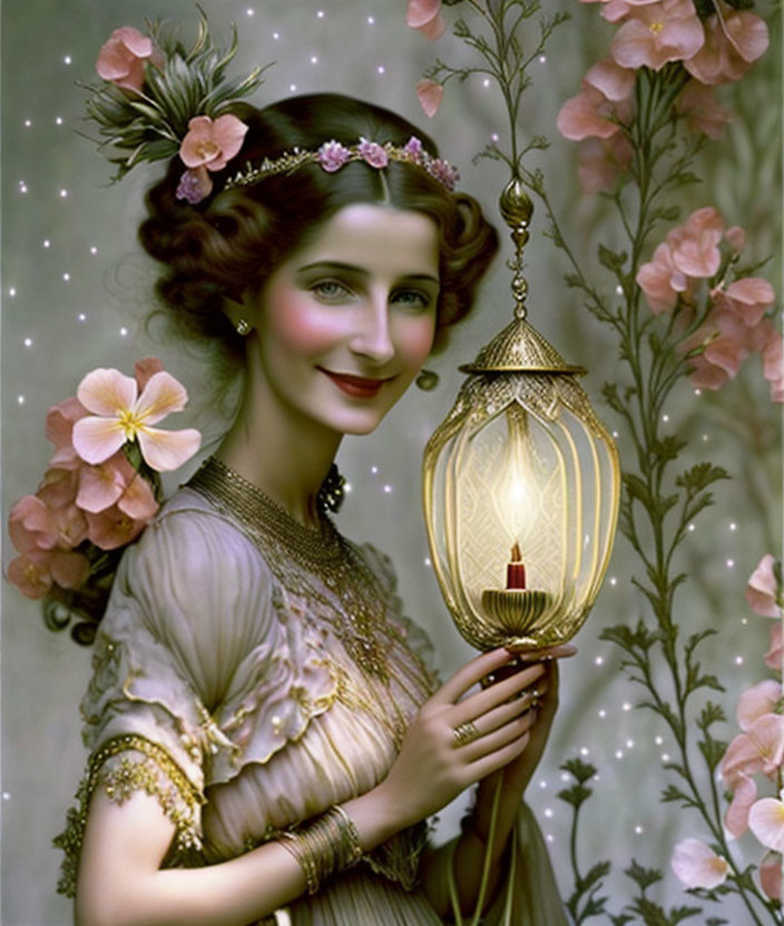 Woman with serene smile and floral crown holding ornate lamp among blooming flowers