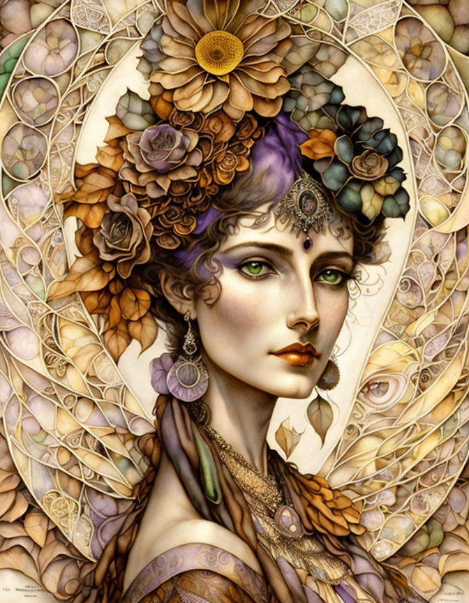 Detailed illustration: Woman with floral crown in earth tones and purples